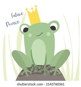 cute cartoon frog with crown vector illustration