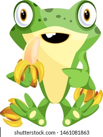 Cute cartoon frog eating bananas, illustration, vector on white background.