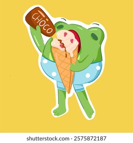 Cute cartoon frog is eating ice cream. Kids sticker, poster. Hand drawn doodle character. Vector illustration on an isolated yellow background.