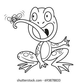 Cute cartoon frog eats fly outlined on a white background
