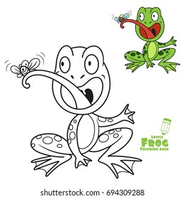 Cute cartoon frog eats fly color and outlined on a white background