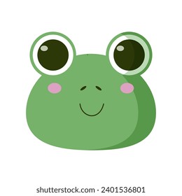 Cute cartoon frog face. Vector isolated on white background. Design for kids, toad head.