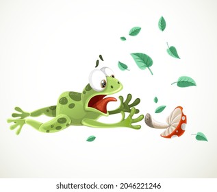 Cute cartoon frog fell to the ground and dropped his burden  isolated on a white background