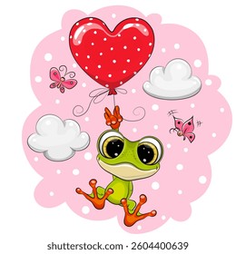 Cute cartoon frog flies on a red balloon