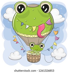 Cute Cartoon Frog is flying on a hot air balloon