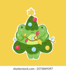 Cute cartoon frog in green tree costume. Christmas frog character in doodle style. Kids sticker, poster. Vector illustration on a yellow background