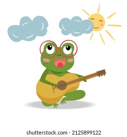 Cute cartoon frog with guitar sun clouds on a white background. Perfect for creating postcards posters prints on t-shirts mugs pillows. 