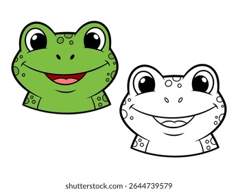 Cute cartoon frog head illustration, with one colored green version and one black and white outline. Ideal for animal themes or coloring pages.