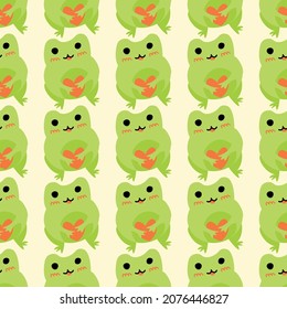 Cute cartoon frog with heart. Enamored green toads. Vector animal characters seamless pattern of amphibian toad drawing.Childish design for baby clothes, bedding, textiles, print, wallpaper.
