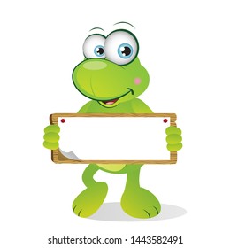 Cute Cartoon Frog holding a blank wooden signage with both hands