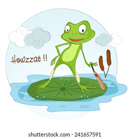 Cute cartoon of a frog holding a cricket bat for showing Howzat.