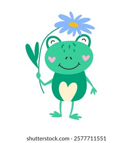 Cute cartoon frog holding flower in paws, vector illustration in flat style. Nature and animals concept