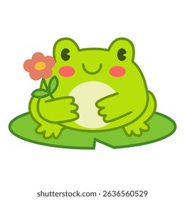 Cute cartoon frog holding a flower while sitting on a lily pad. Perfect for spring themes, greeting cards, children’s illustrations, and stickers.