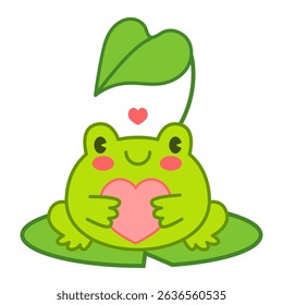 Cute cartoon frog holding a pink heart under a leaf hat. Great for love-themed content.