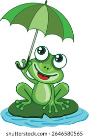 Um sapo de cartum bonitinho segurando um guarda-chuva e parado embaixo dele. Perfeito para projetos de dias chuvosos, ilustrações para crianças e conteúdo com temas animais. Estilo de vetor plano.