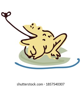 Cute cartoon frog hunting fly lineart vector illustration. Simple amphibian sticker clipart. Kids lake wildlife hand drawn kawaii aquatic toad. 