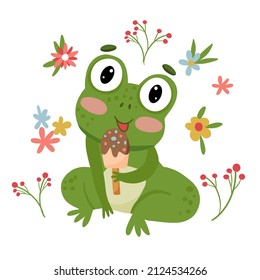 Cute Cartoon Frosch mit Eis auf weißem Hintergrund. Ideal für die Erstellung von Postkartenplakaten, die auf T-Shirts-Umarmkissen gedruckt werden. 