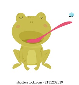 Cute Cartoon Frog With A Long Tongue Catches A Fly