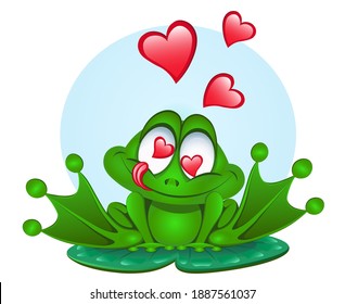 Cute cartoon frog in love sitting on a water lily leaf