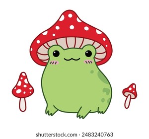 Cute cartoon frog. A frog with a mushroom hat. Flat illustration on white background.