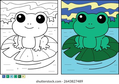 Cute cartoon frog on a lily pad illustration presented as a color by number outline page for children alongside the completed colored version, perfect for kids' educational activities.