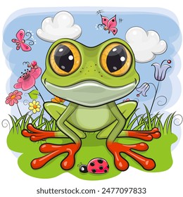 Cute Cartoon Frog on the meadow