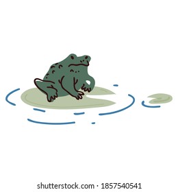 Cute cartoon frog on pond lily pad lineart vector illustration. Simple amphibian sticker clipart. Kids lake wildlife hand drawn kawaii toad. 