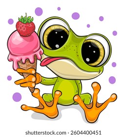 Cute Cartoon Frog with pink ice cream isolated on a white background
