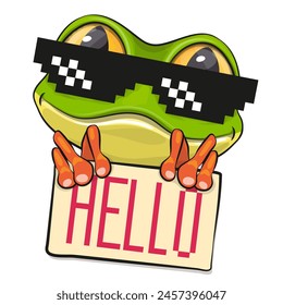 Cute Cartoon Frog in pixel sun glasses isolated on a white background