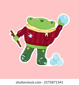 Cute cartoon frog play snowball. Kids sticker, poster. Hand drawn doodle character. Vector illustration on an isolated pink background.