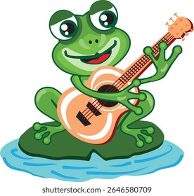 A cute cartoon frog playing guitar with joy. Perfect for music-themed illustrations, kids content, and fun character designs. Flat colorful vector style.