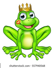 A cute cartoon frog prince fairy tale mascot character wearing a golden crown with a lipstick kiss mark on his cheek