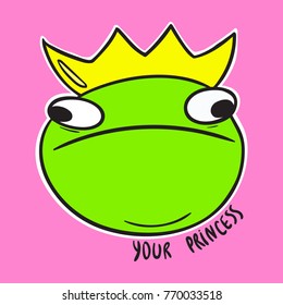 Cute cartoon frog princess in crown vector sticker 