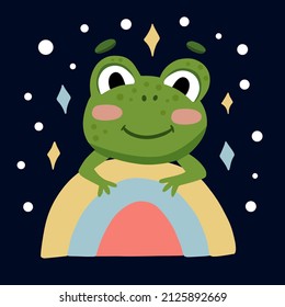 Cute cartoon frog with rainbow stars on a dark background. Perfect for creating postcards posters prints on t-shirts mugs pillows. 