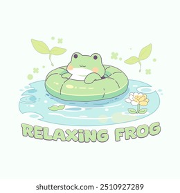 Cute cartoon frog relaxing in a pool with a green inflatable ring. Summer, nature, and animal themed illustration.