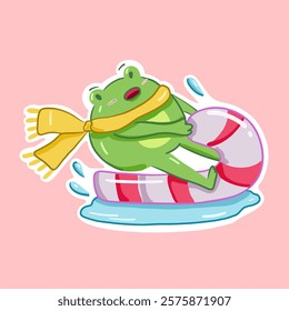 Cute cartoon frog is ridding on a candy cane. Kids sticker, poster. Hand drawn doodle character. Vector illustration on an isolated pink background.