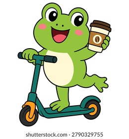 Cute cartoon frog riding a kick scooter and holding a coffee cup