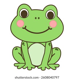 Cute cartoon frog with rosy cheeks and a big smile vector illustration isolated on white background.	