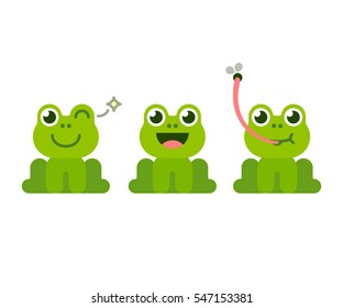 Cute cartoon frog set. Adorable little froggy smiling, winking and catching fly with tongue. Simple flat style vector illustration.