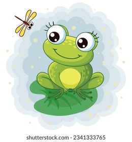 A cute cartoon frog sits on a leaf and looks at a dragonfly. For children's design of prints, posters, stickers. postcards, puzzles, etc. Vector illustration