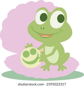 Cute Cartoon Frog Sitting on a Pink Shell Holding a Smiley Ball
