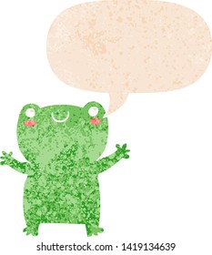 cute cartoon frog with speech bubble in grunge distressed retro textured style
