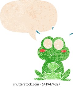 cute cartoon frog with speech bubble in grunge distressed retro textured style