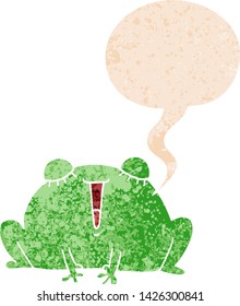 cute cartoon frog with speech bubble in grunge distressed retro textured style