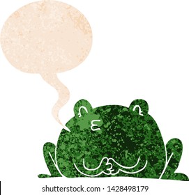 cute cartoon frog with speech bubble in grunge distressed retro textured style