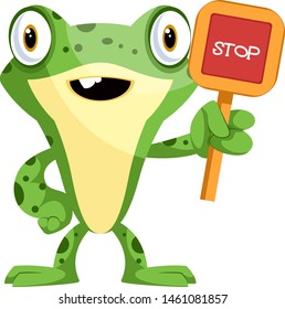 Cute cartoon frog with a stop sign, illustration, vector on white background.