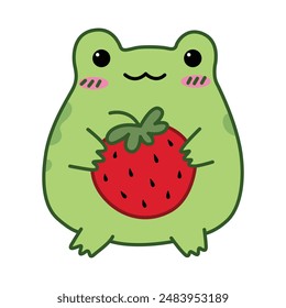 Cute cartoon frog with strawberry. Flat illustration on white background.