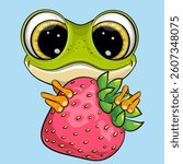 Cute cartoon Frog with strawberry on a blue background