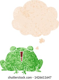 cute cartoon frog with thought bubble in grunge distressed retro textured style