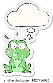 cute cartoon frog with thought bubble as a distressed worn sticker